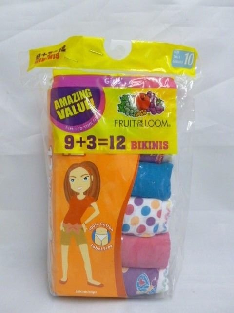 NEW 12 PACK GIRLS FRUIT OF THE LOOM COTTON BIKINI PANTIES- 6 Sizes available NEW