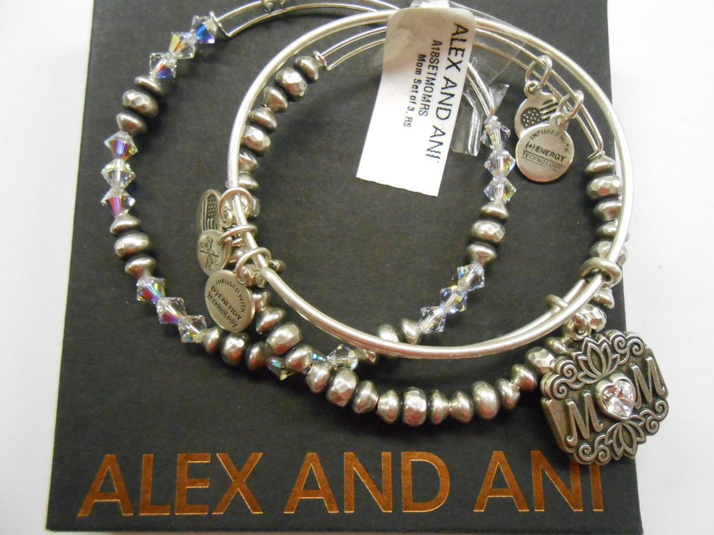 Alex and Ani Women's Mom Set of 3 Bangle Bracelet, Rafaelian Silver, Expandable