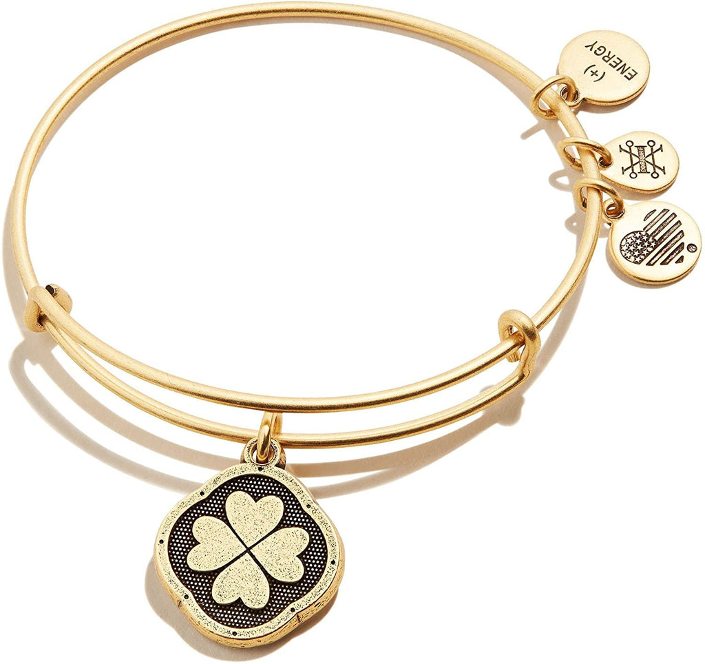 Alex and Ani Path of Symbols Expandable Bangle for Women, Four Leaf Clover Embossed Charm, Rafaelian Gold Finish, 2 to 3.5 in