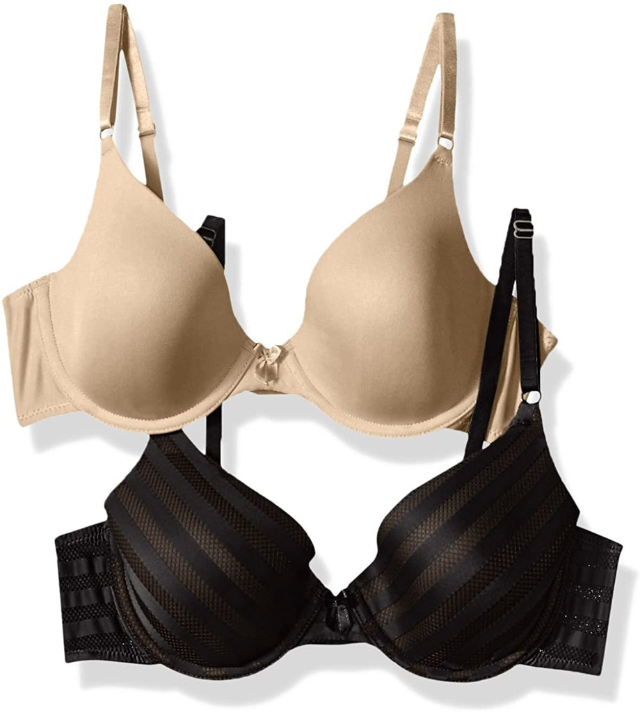 Maidenform Self Expressions Women's One Fab Fit Demi T-Shirt Bra 2-Pack Bra, Body Beige/Black with Body Beige, 38C