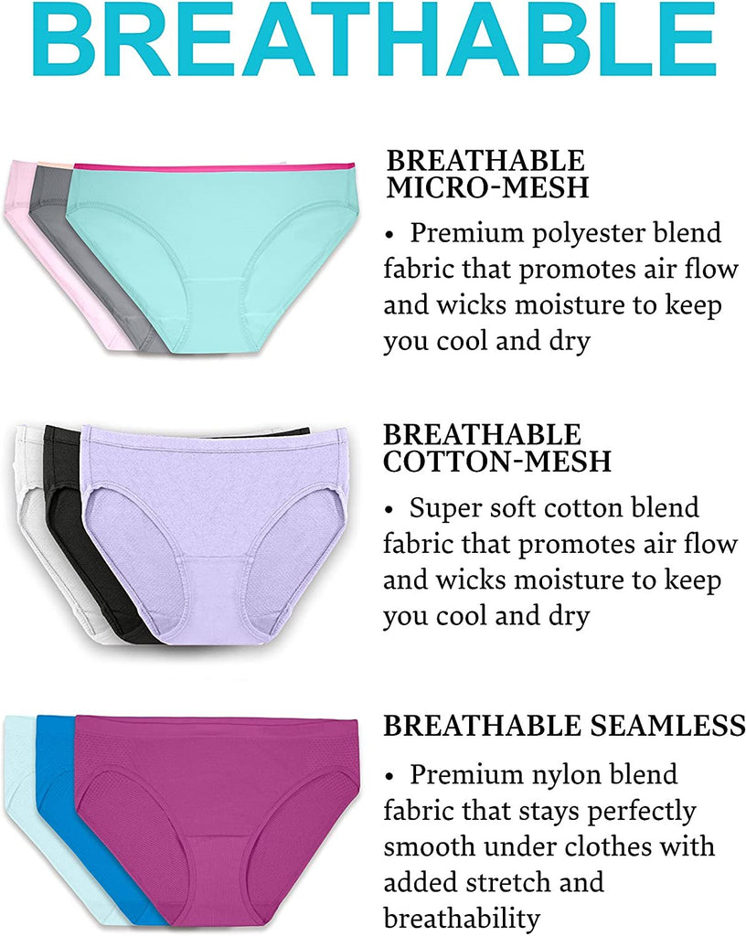 Fruit of the Loom Women's Underwear Breathable Panties (Regular & Plus Size), Bikini - Seamless Mesh - 3 Pack, 5