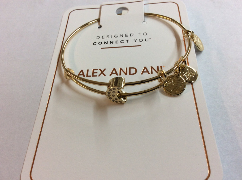 Alex and Ani Pave Moon Symbol Bead Bangle Bracelet Shiny Gold One Size