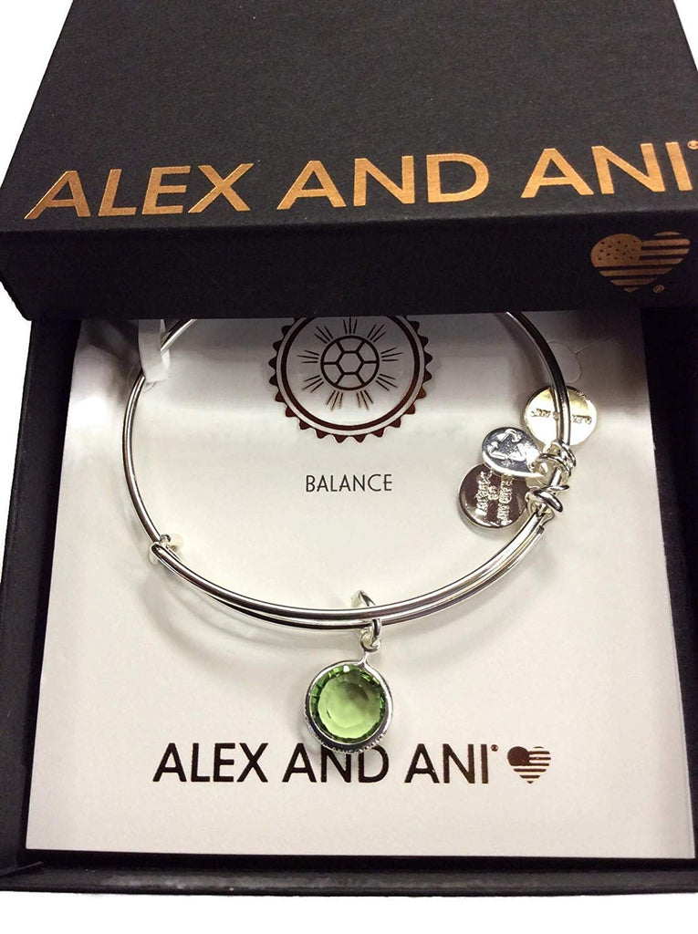 Alex and Ani August Color Code Peridot Bangle Bracelet Shiny Silver NWTBC