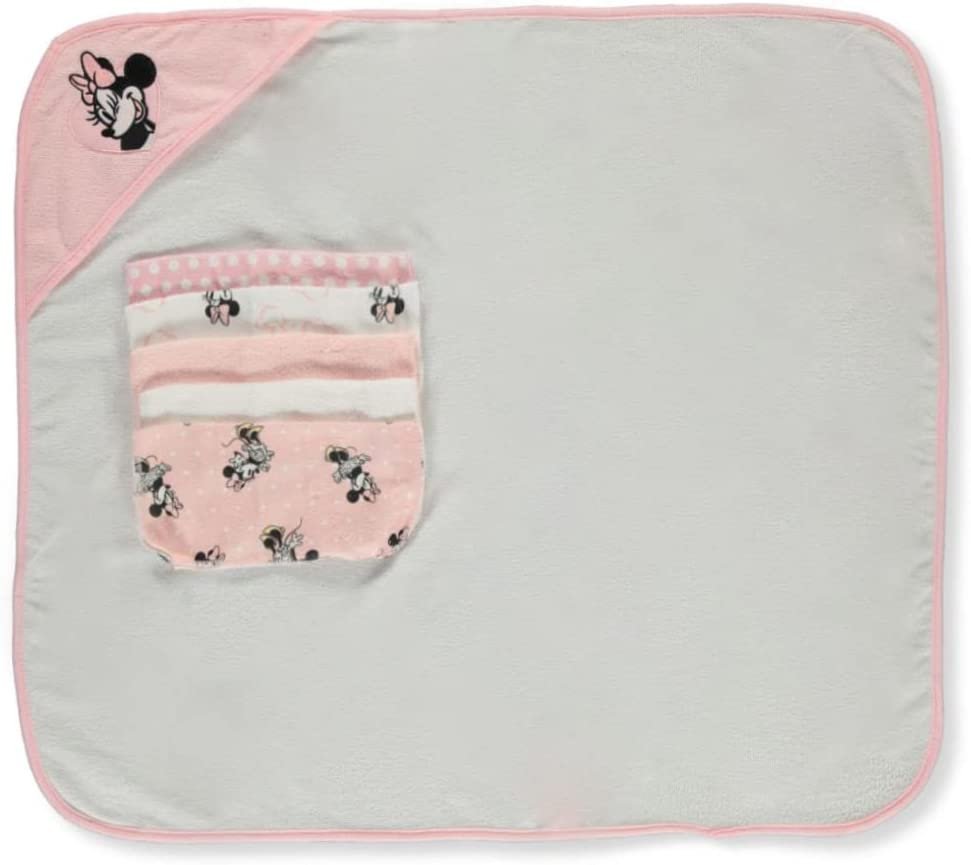 Disney Baby Minnie Mouse Hooded Towel with 5 Piece Washcloth Set, Rosy Dream Print, GS71796