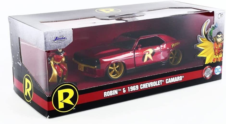 DC Comics 1:32 1969 Chevy Camaro Die-cast Car w/ 1.65" Robin Figure, Toys for Kids and Adults