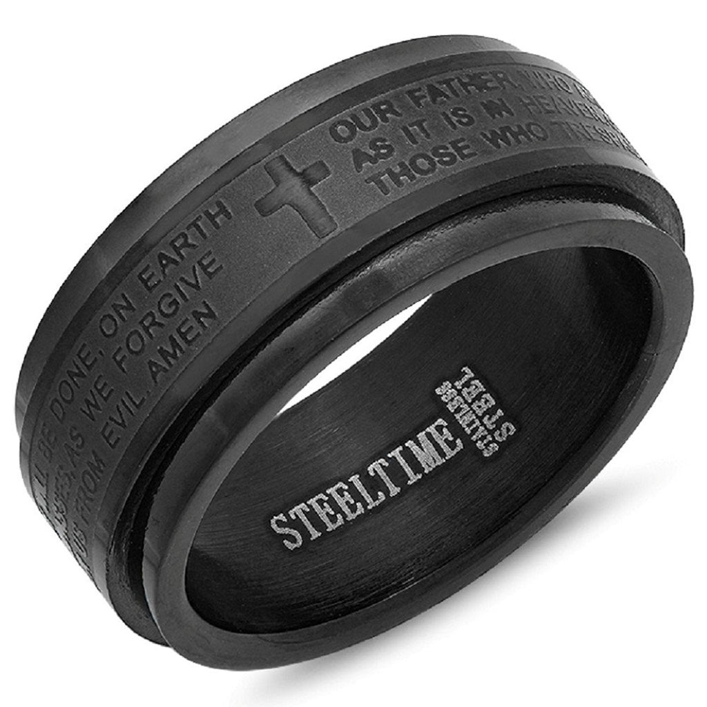 MEN'S STAINLESS STEEL BLACK IP SPINNER RING WITH PRAYER ACCENT