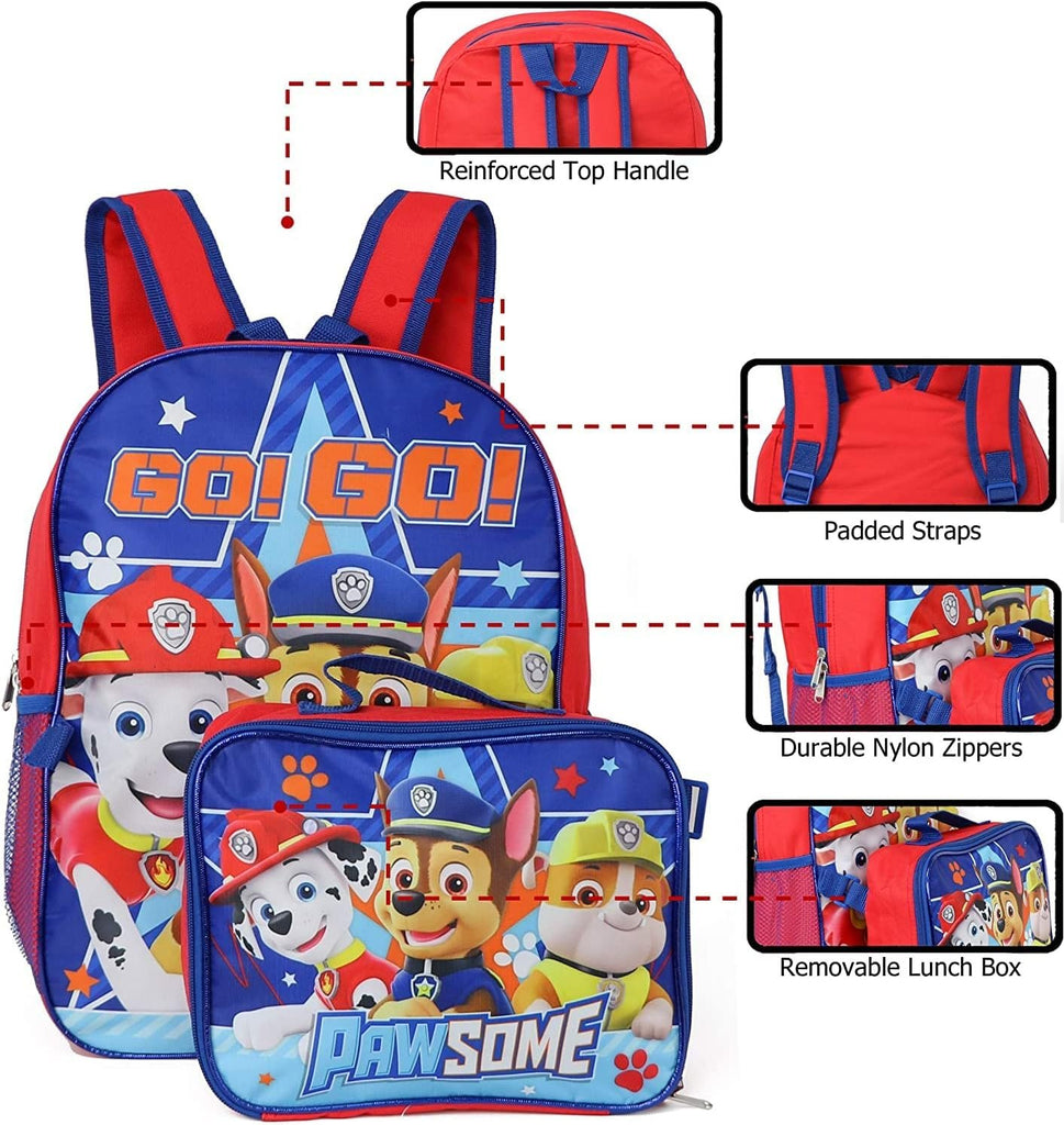 Ruz Paw Patrol Boys 16 Inch Backpack With Removable Matching Lunch Box Set