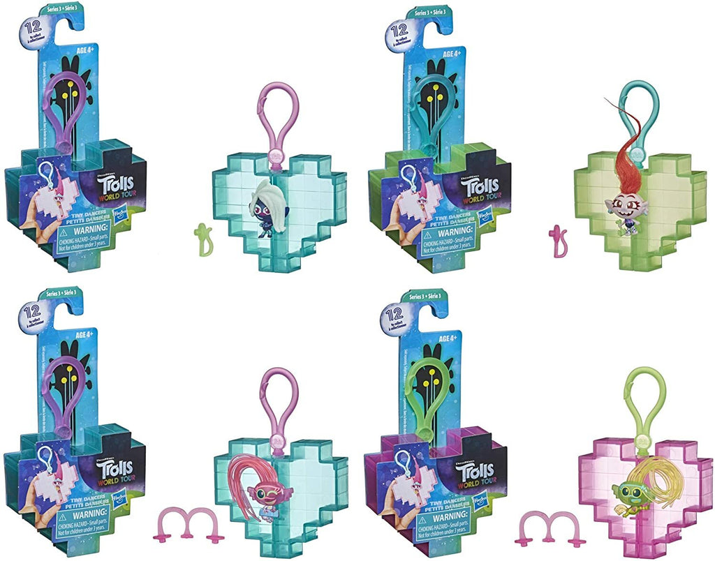 Trolls DreamWorks World Tour Tiny Dancers Surprise 4-Pack Series 3, Tiny Dancers Dolls, Clips, Rings, and Glasses, Toy for Kids 4 and Up