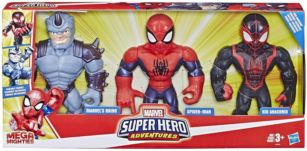 Playskool Heroes Mega Mighties Marvel Super Hero Adventures Web Warriors 3 Pack, Spider-Man, Kid Arachnid, Marvel’s Rhino, 10" Figures, Kids Ages 3 & Up