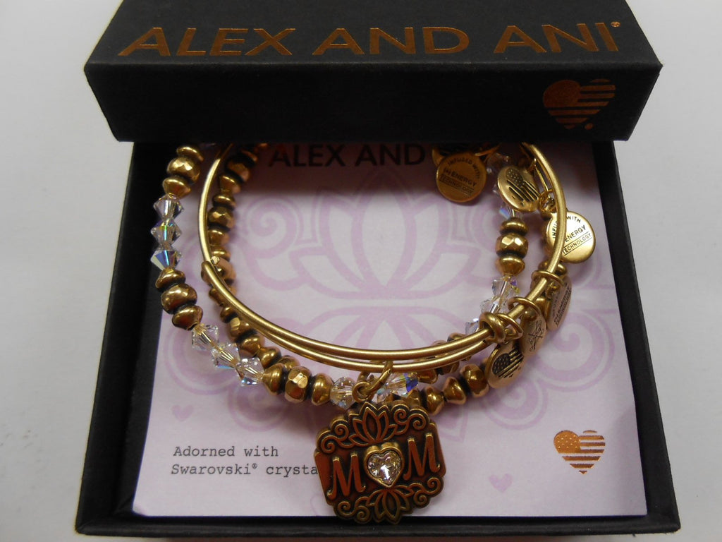 Alex and Ani Women's Mom Set of 3 Bangle Bracelet, Rafaelian Gold, Expandable