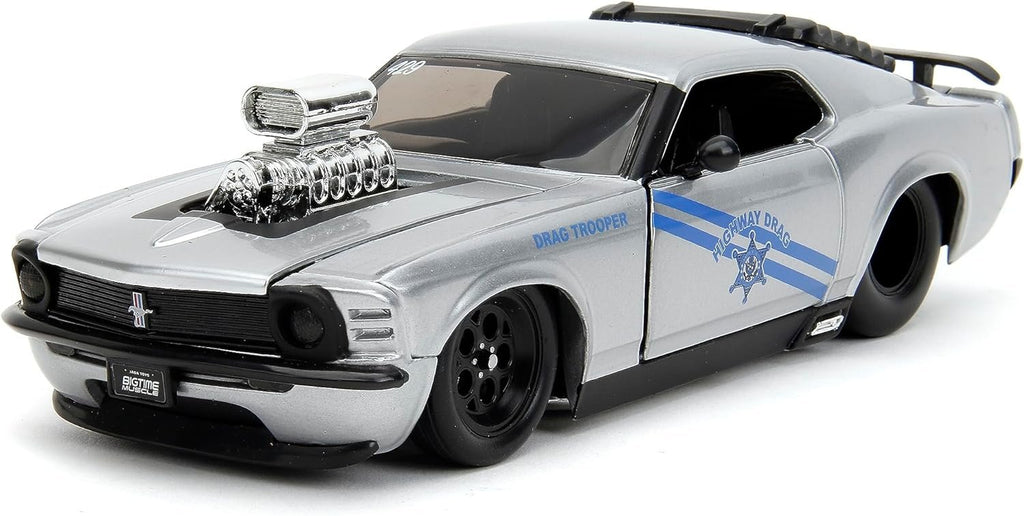 Big Time Muscle 1:24 1970 Ford Mustang Boss 429 Die-Cast Car, Toys for Kids and Adults(Silver/Blue Stripes)