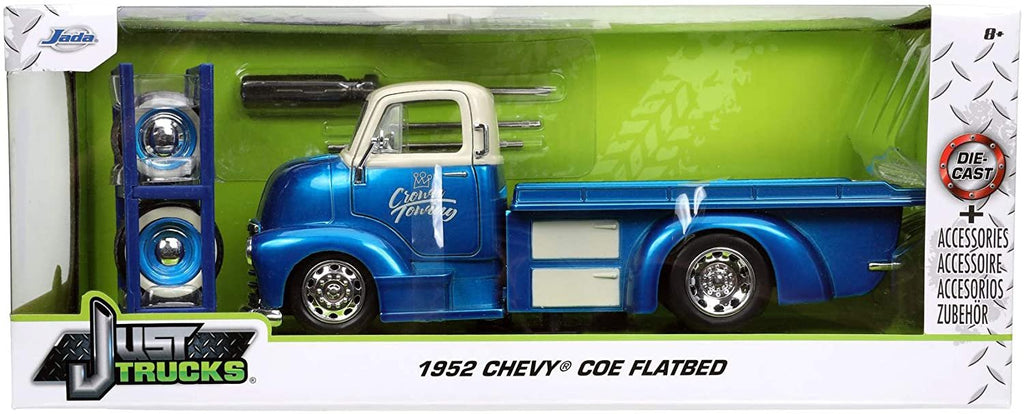 1952 Chevy COE Flatbed Tow Truck Crown Towing Candy Blue and Cream with Extra Wheels Just Trucks Series 1/24 Diecast Model Car by Jada 32708
