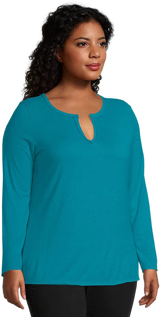 JUST MY SIZE Women's Plus Size Split Neck Long Sleeve Tee