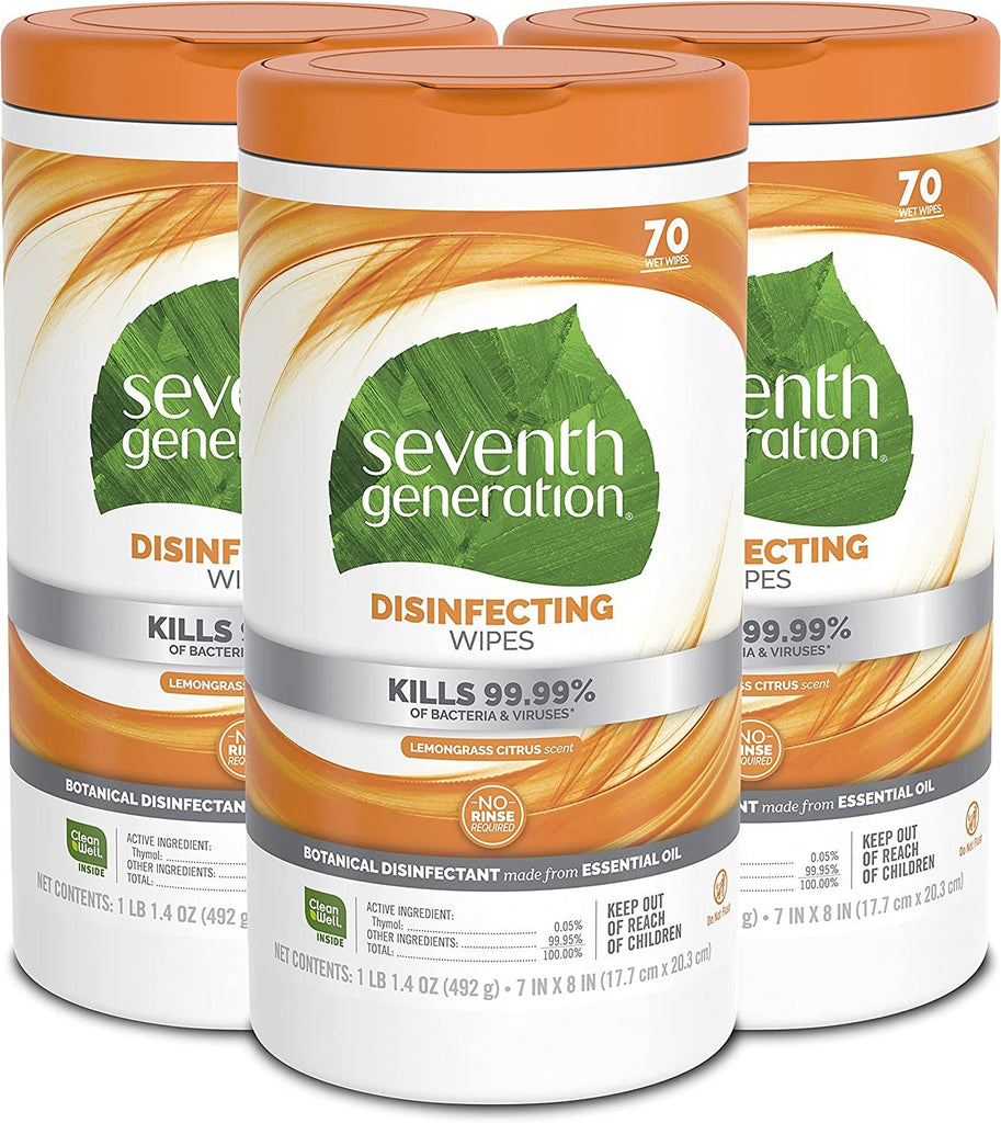 Seventh Generation Disinfecting Multi-Surface Wipes, Lemongrass Citrus, 70 Count, Pack of 3 (Packaging May Vary)