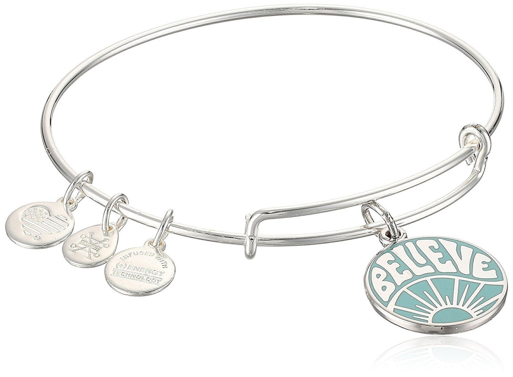 Alex and Ani Womens Words are Powerful, Believe EWB Bangle Bracelet, Shiny Silver, Expandable