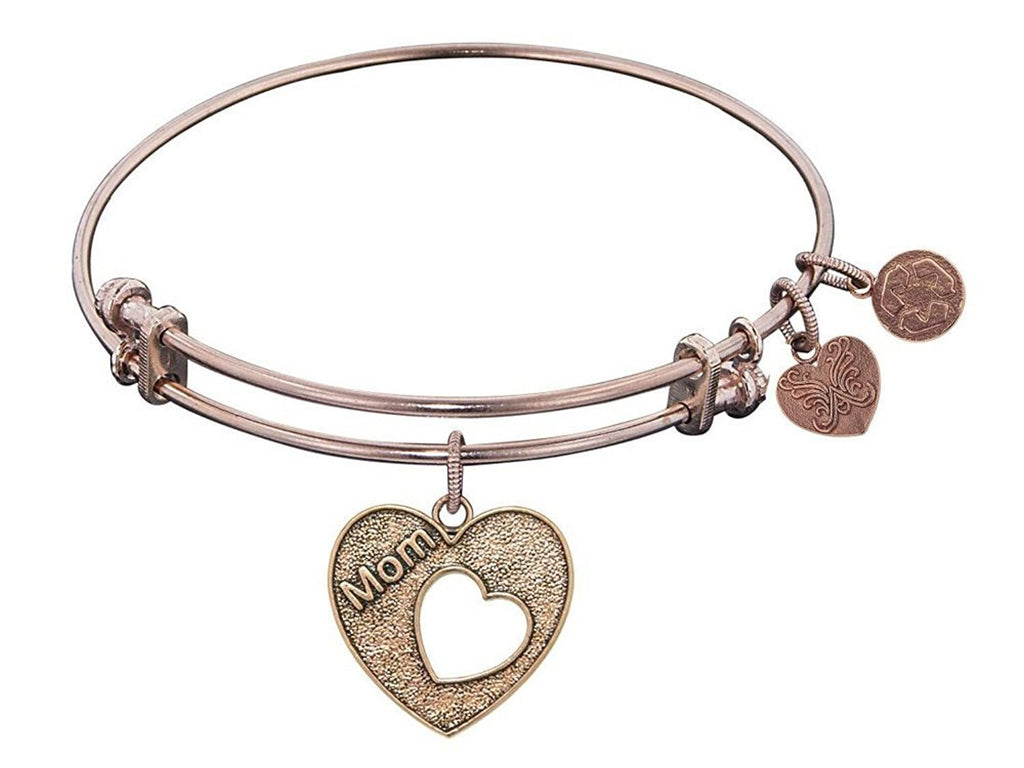 Angelica Collection Pink Brass Heart with Mom and Open Heart Mother Bangle Bracelet