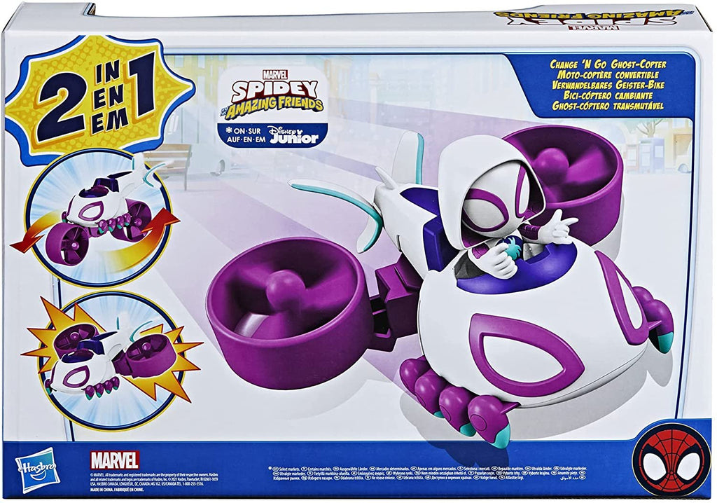 Marvel Spidey and His Amazing Friends Change 'N Go Ghost-Copter and Ghost-Spider 4-inch Action Figure, 2-in-1 Vehicle for Kids Ages 3 and Up