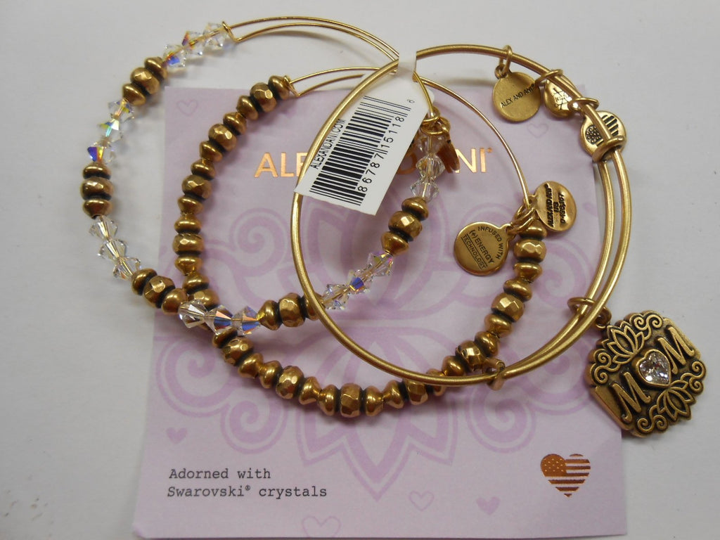 Alex and Ani Women's Mom Set of 3 Bangle Bracelet, Rafaelian Gold, Expandable