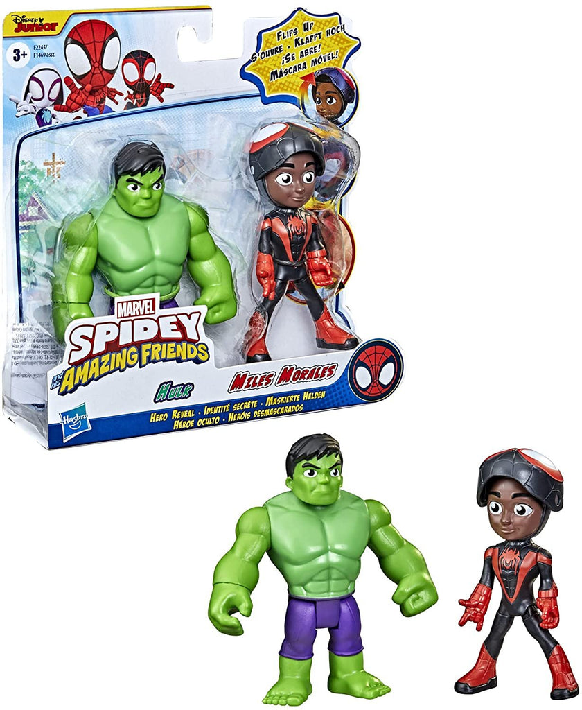 Marvel Spidey and His Amazing Friends Hero Reveal 2-Pack,-Action Figures,-Mask Flip Feature, Miles Morales: Spider-Man and Hulk, 3 and Up