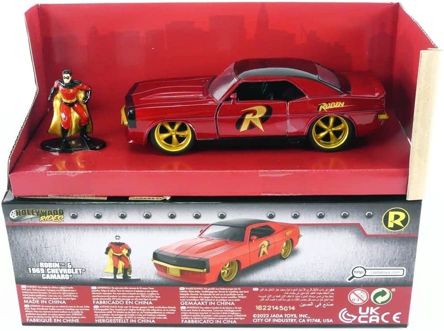 DC Comics 1:32 1969 Chevy Camaro Die-cast Car w/ 1.65" Robin Figure, Toys for Kids and Adults