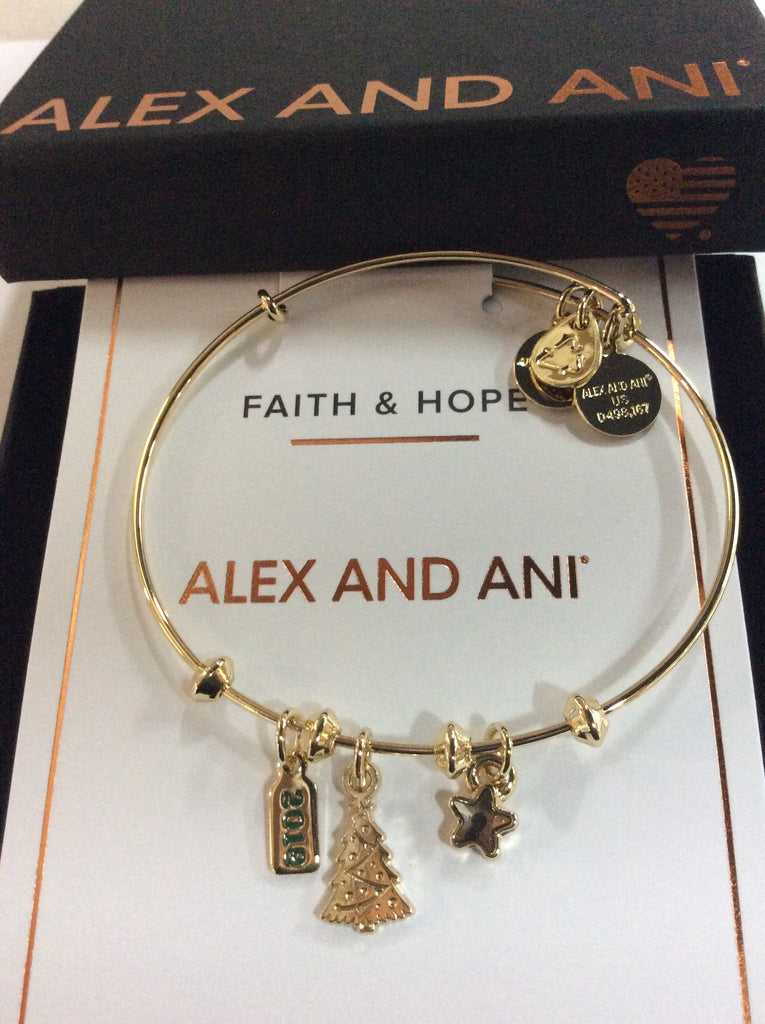 Alex and Ani Christmas Tree Trio Charm Bangle Bracelet, 2019 Shiny Gold One Size