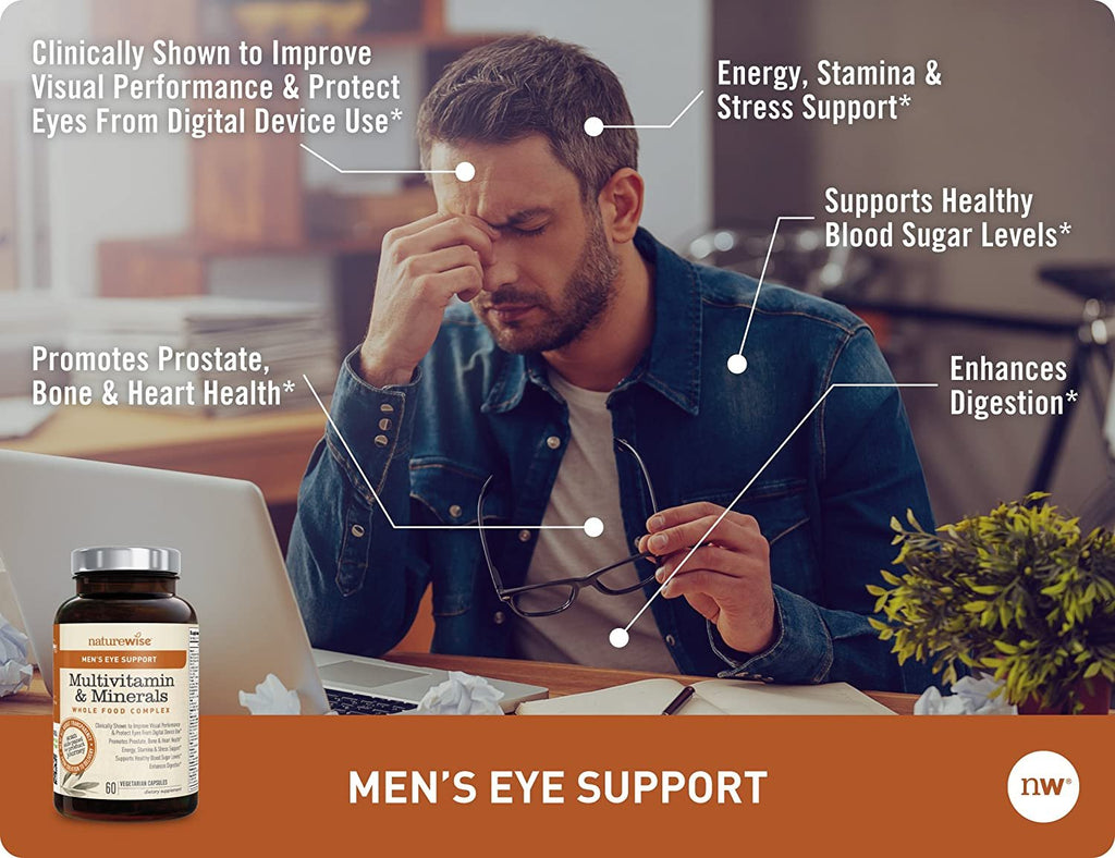 NatureWise Men's Eye Support Whole Food Multivitamin for Eye Health, Blue Light Defense with Balanced B Complex Vitamins, Lutemax 2020, Zeaxanthin (Packaging May Vary) [1 Month Supply - 60 Capsules]