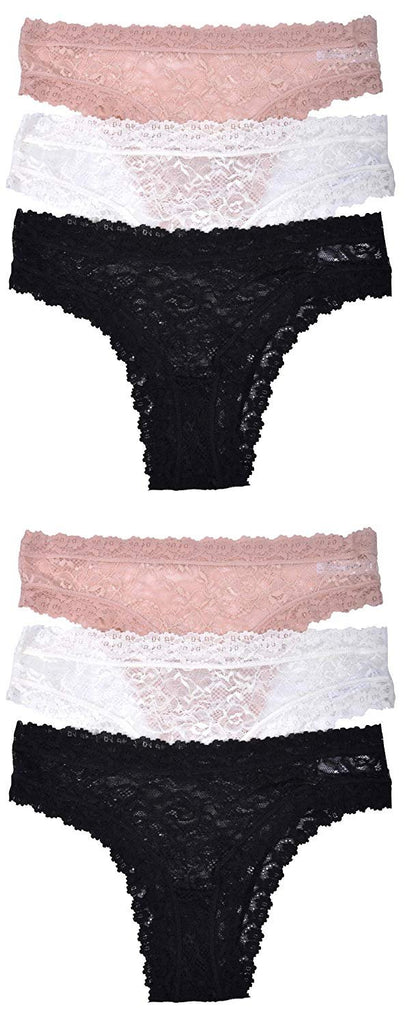 Elle Women's Lace Tanga Panties - Premium Quality 6-Pack 100% Nylon with Lace Leg Openings