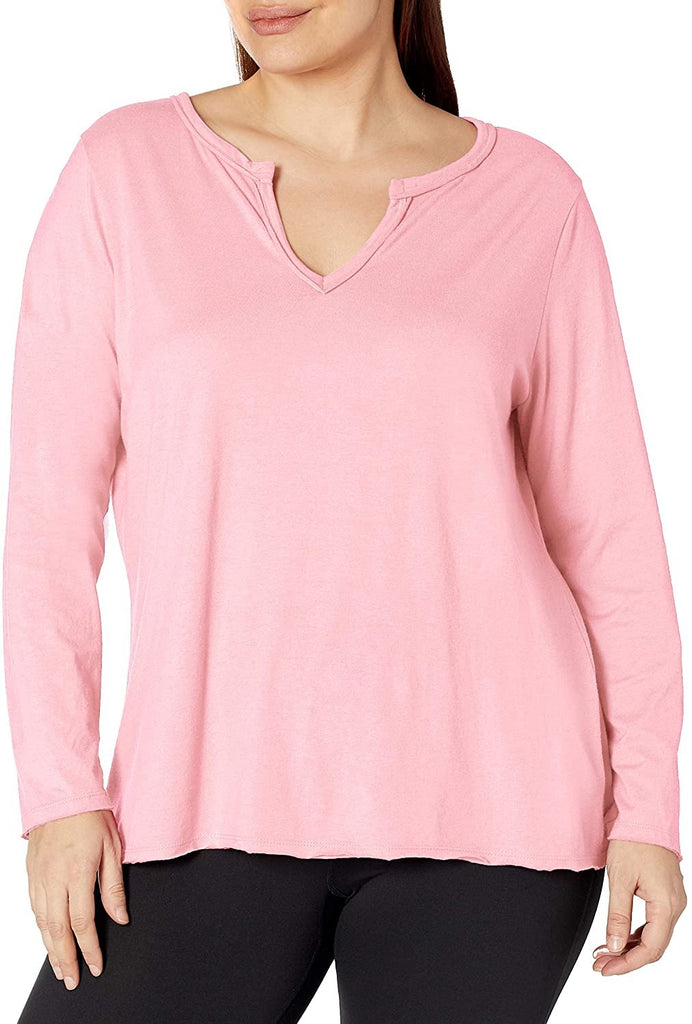 JUST MY SIZE Women's Plus Size Split Neck Long Sleeve Tee