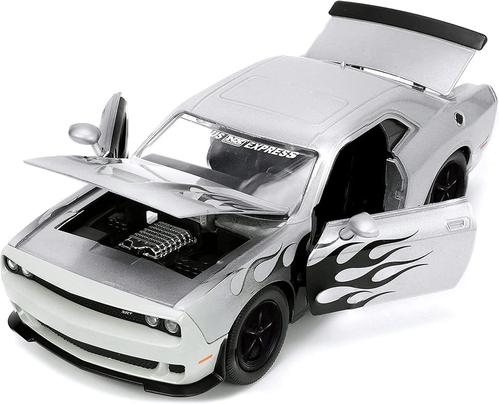 Jada Toys Big Time Muscle 1 24 2015 Dodge Challenger SRT Hellcat Die cast Car Silver Black Flames Toys for Kids and Adults