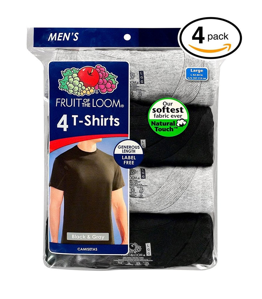 Fruit of the Loom Men's Tall Man Crew Neck T-Shirt's Black And Gray 2 or 4 pack