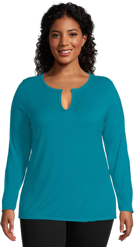 JUST MY SIZE Women's Plus Size Split Neck Long Sleeve Tee