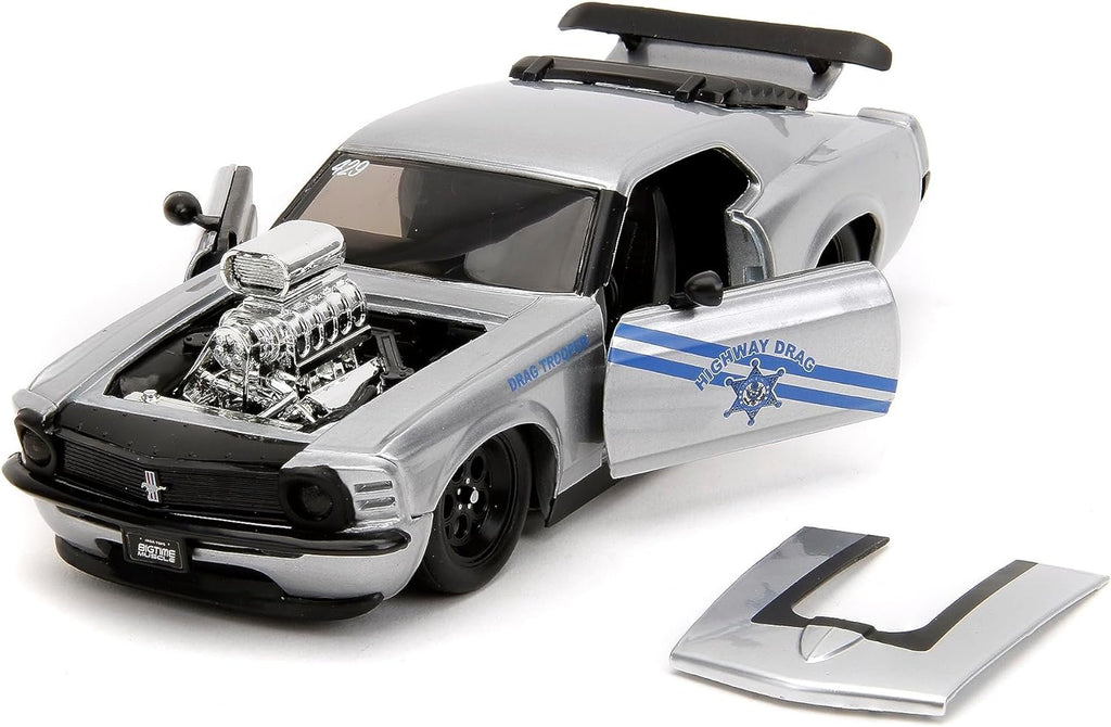 Big Time Muscle 1:24 1970 Ford Mustang Boss 429 Die-Cast Car, Toys for Kids and Adults(Silver/Blue Stripes)