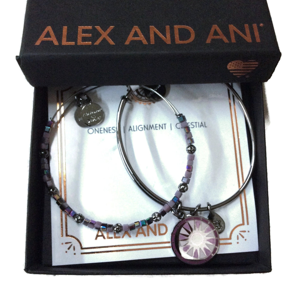 Alex and Ani Cosmic Balance Set of 2 II Bangle Bracelet Midnight Silver NWTBC