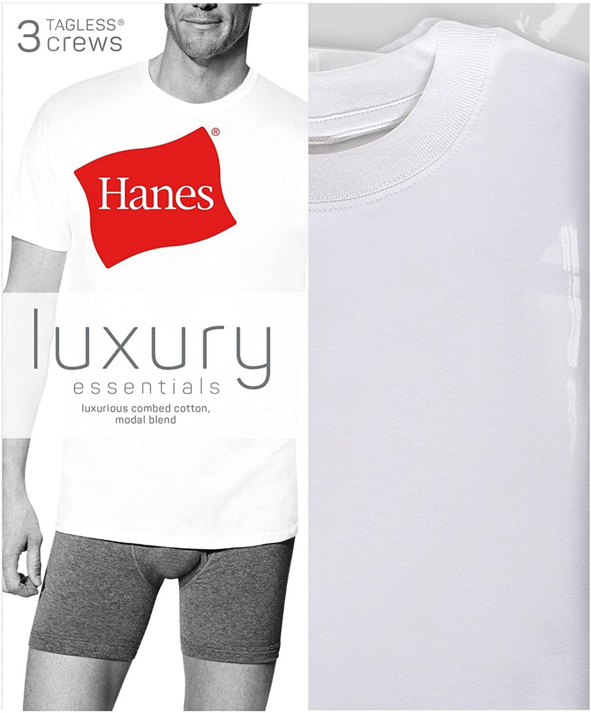 Hanes Mens Luxury Essentials 3-Pack White Crewneck Undershirt, M, White