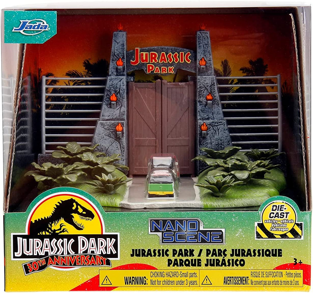 Jurassic Park 30th Anniversary Jurassic Gate Nano Scene Diorama w/ Two 1.65" Die-Cast Cars, Toys for Kids and Adults