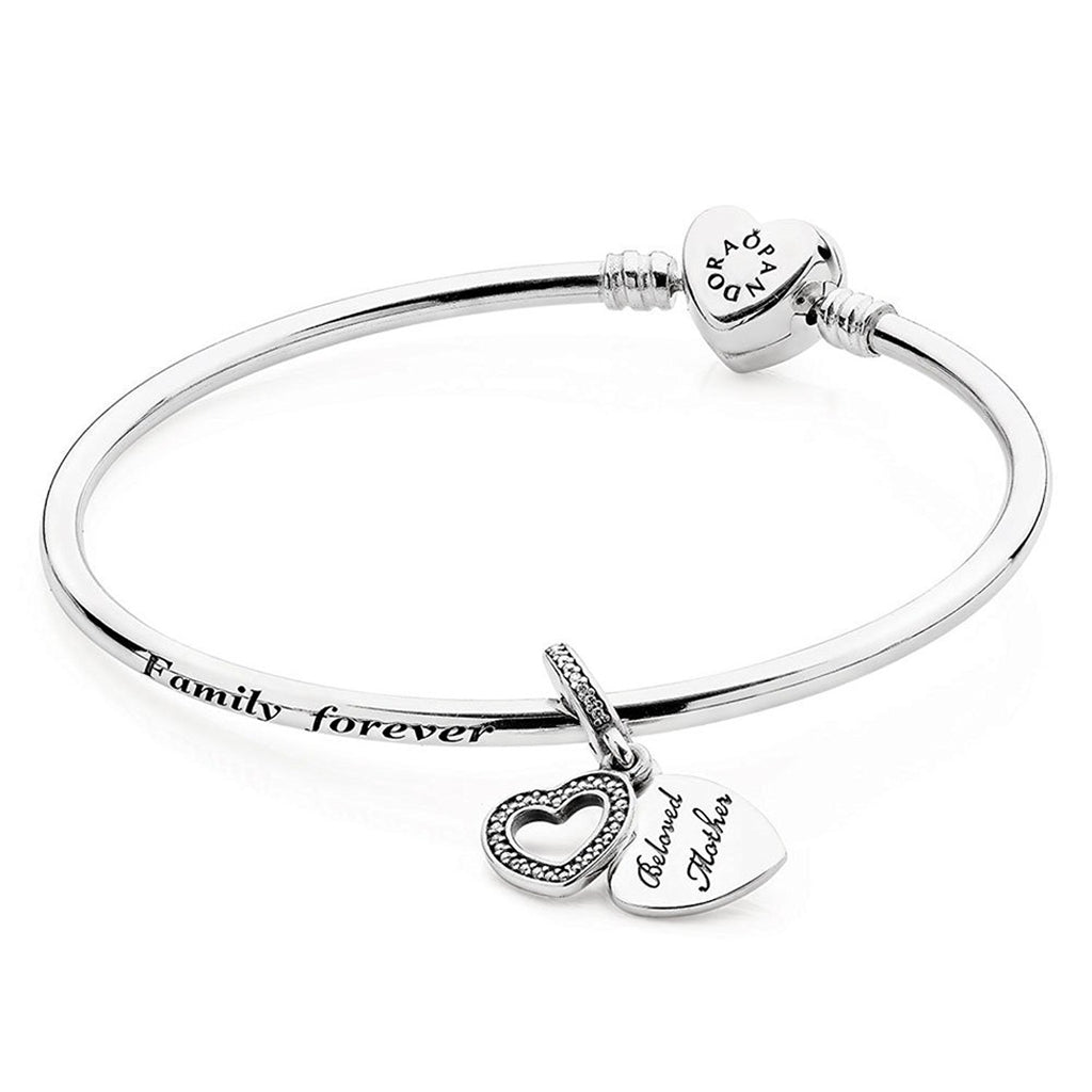 PANDORA A Mother's Love Bangle Bracelet Gift Set Silver With Charm Size 6.7"(17)