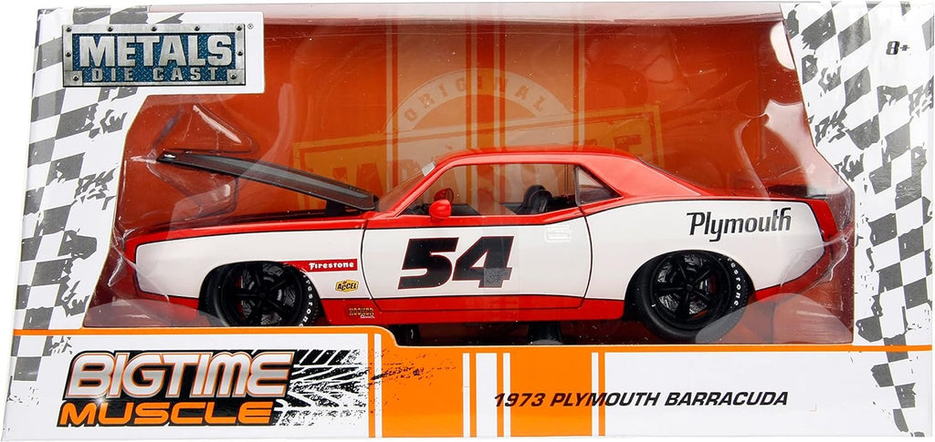 Big Time Muscle 1:24 1973 Plymouth Barracuda Die-Cast Car, Toys for Kids and Adults(Orange)