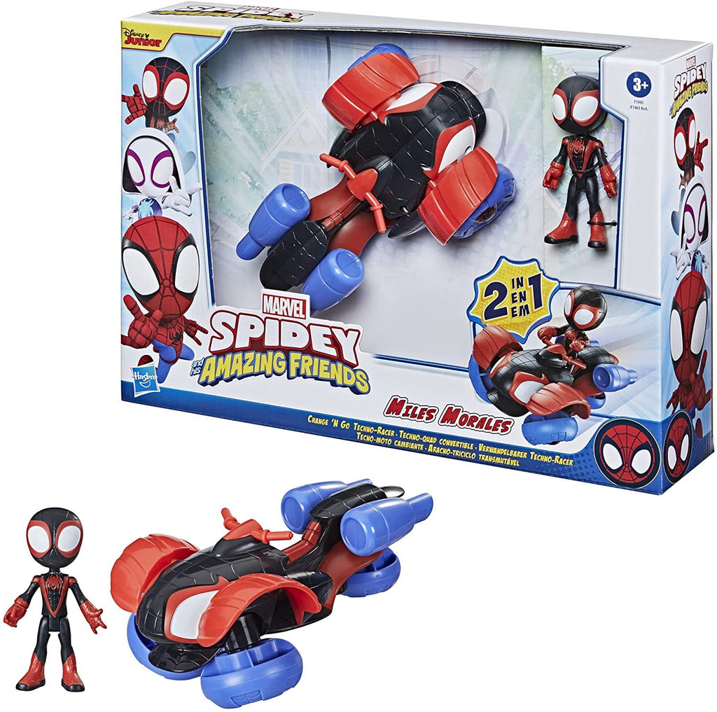 Marvel Spidey and His Amazing Friends Change 'N Go Techno-Racer Vehicle and Miles Morales: Spider-Man 4-inch Action Figure, for Kids Ages 3 and Up , Black