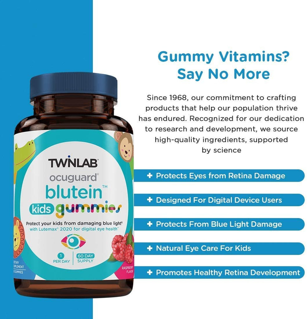 TwinLab Ocuguard Blutein Kids Gummies | 60 Count | Contains Zeaxanthin & Lutein for Blue Light Proteciton | Eye Vitamins