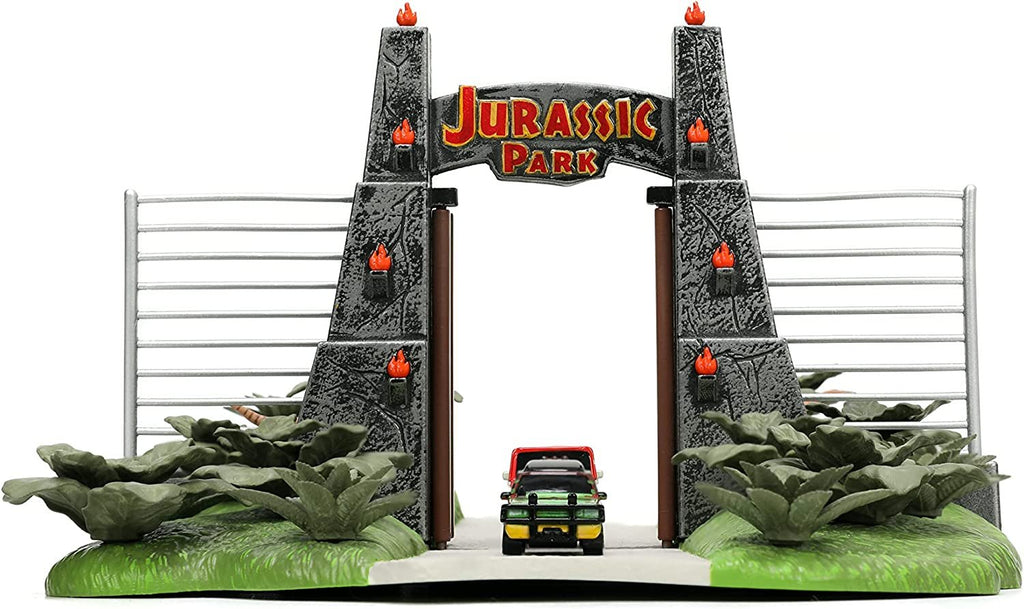 Jurassic Park 30th Anniversary Jurassic Gate Nano Scene Diorama w/ Two 1.65" Die-Cast Cars, Toys for Kids and Adults