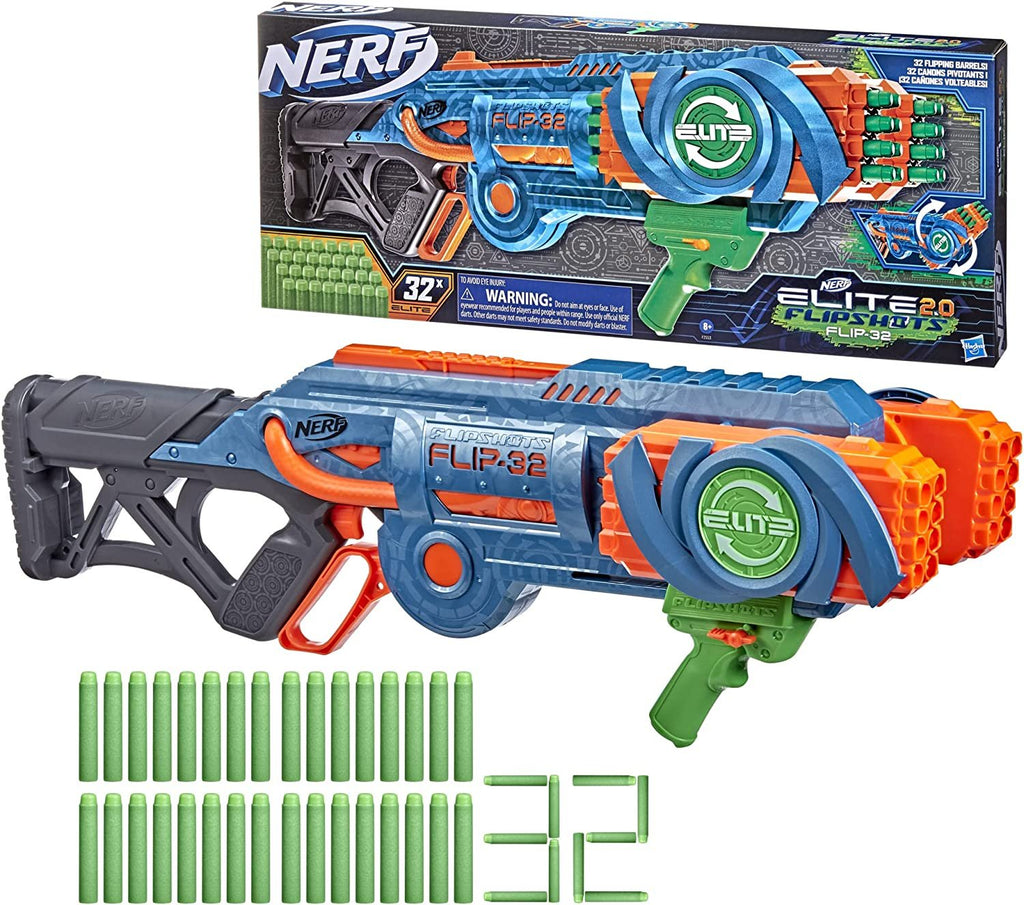 NERF Elite 2.0 Flipshots Flip-32 Blaster, Rotating Dart Barrels, 32-Dart Capacity, 32 Elite Darts, Toy Foam Blasters, Kids Outdoor Games & Toys for Boys & Girls