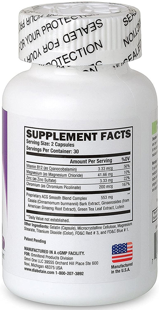 Diabetain Type 2 Diabetes Supplements - Blood Sugar Control Stabilizer Support Supplement - Clinically Tested Diabetic Glucose Balance Formula with Vitamins for Eye Health & Energy - 60 Capsules