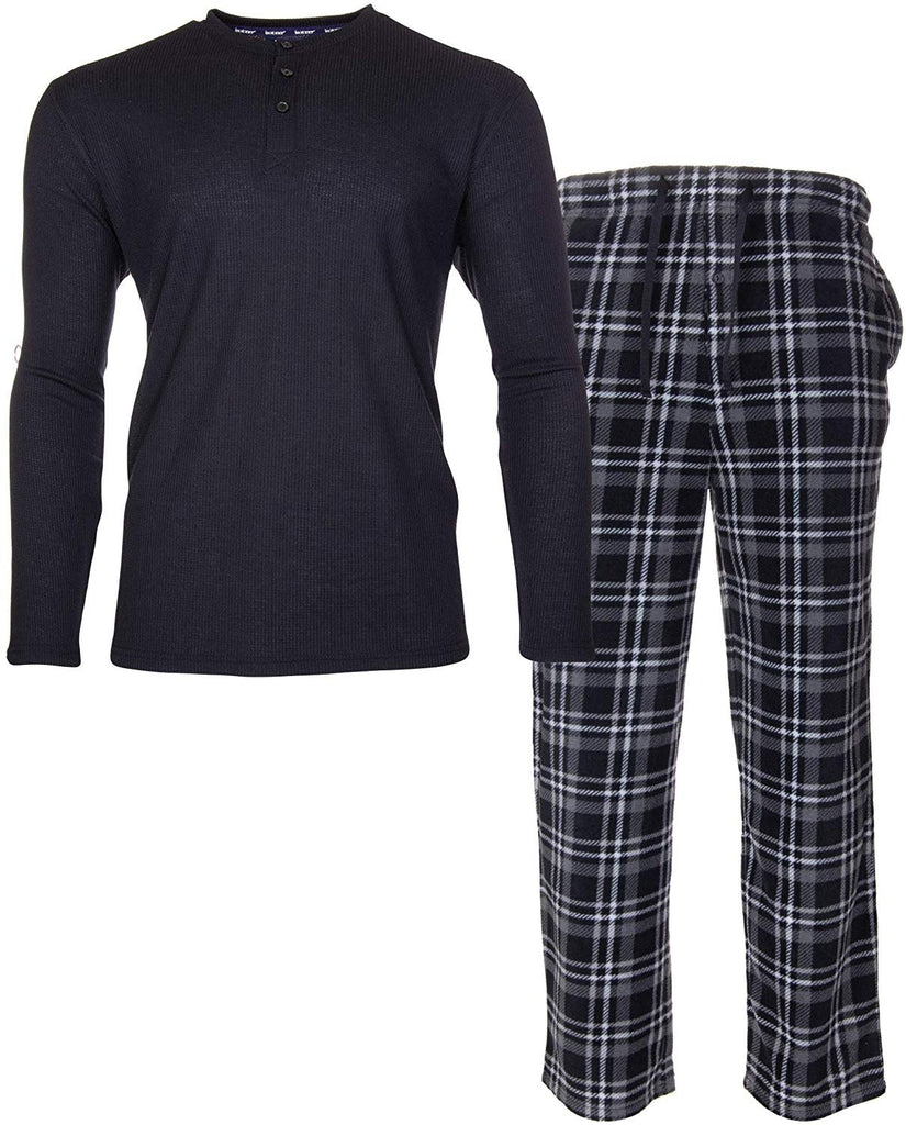 ISOTONER Mens Thermal Sleep Set - Pockets Super Soft Jersey Pajamas Knit Top Flannel Bottom