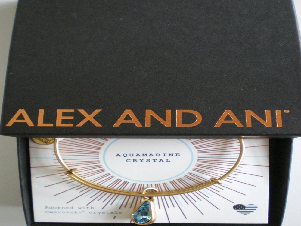 Alex and Ani March Birth Month Charm Bangle With Swarovski Crystal Teardrop Shape Rafaelian Gold