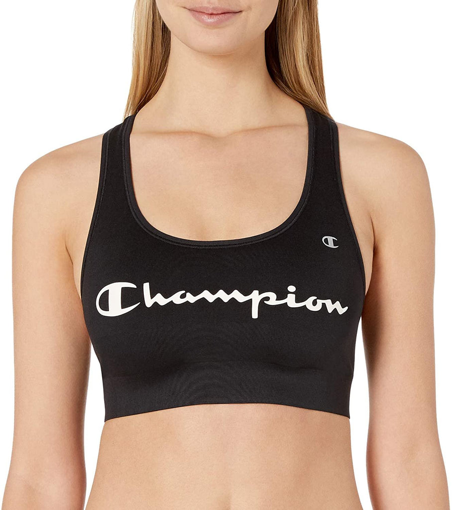 Champion LIFE Women's Absolute Sports Bra Bra, Black/White Champion Script, Small