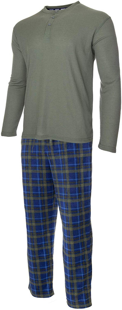 ISOTONER Mens Thermal Sleep Set - Pockets Super Soft Jersey Pajamas Knit Top Flannel Bottom