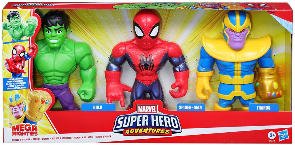Playskool Heroes Marvel Super Hero Adventures Mega Mighties 25-cm Figure 3 Pack, Thanos, Spider-Man, Hulk Toys for Ages 3 and Up