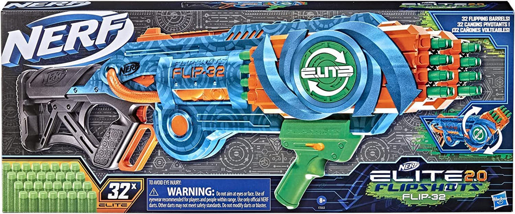 NERF Elite 2.0 Flipshots Flip-32 Blaster, Rotating Dart Barrels, 32-Dart Capacity, 32 Elite Darts, Toy Foam Blasters, Kids Outdoor Games & Toys for Boys & Girls