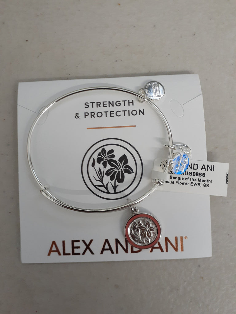 Alex and Ani August Bangle Bracelet GLADIOLUS Flower Shiny Silver New Tag Box