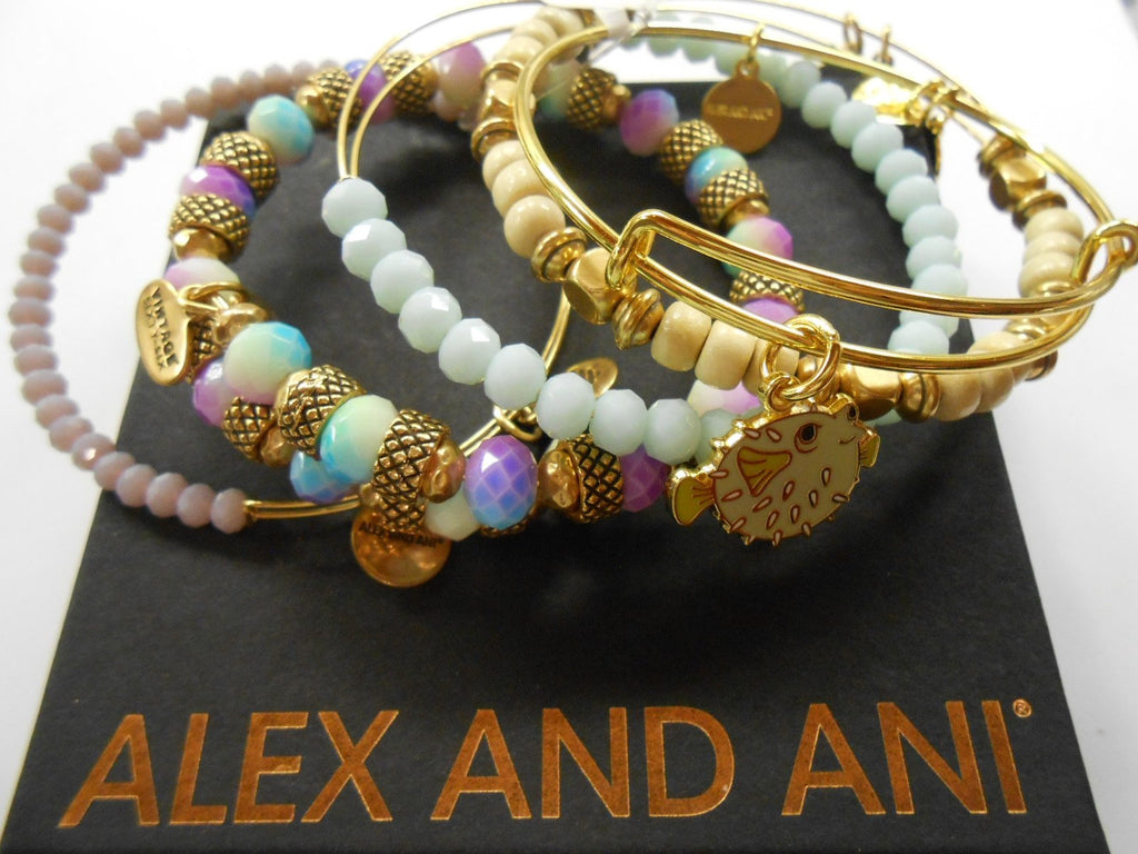 Alex and Ani Pufferfish Set of 5 Shiny Gold Bangle Bracelet